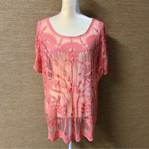 Cato Blouse Women 22/24W Coral Crochet Lace Sheer Top